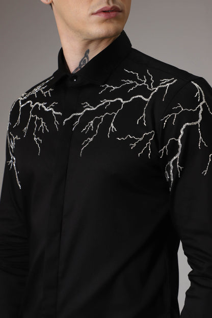 Lightening  hand embroidered designer shirt - Black