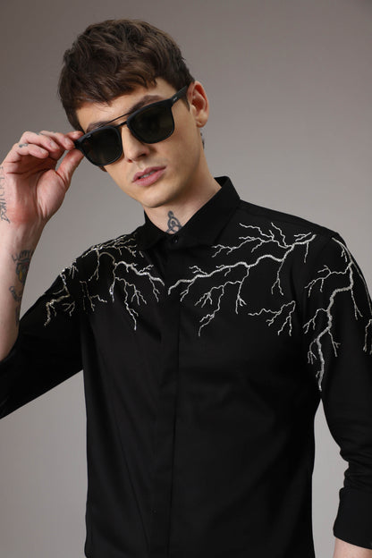 Lightening  hand embroidered designer shirt - Black