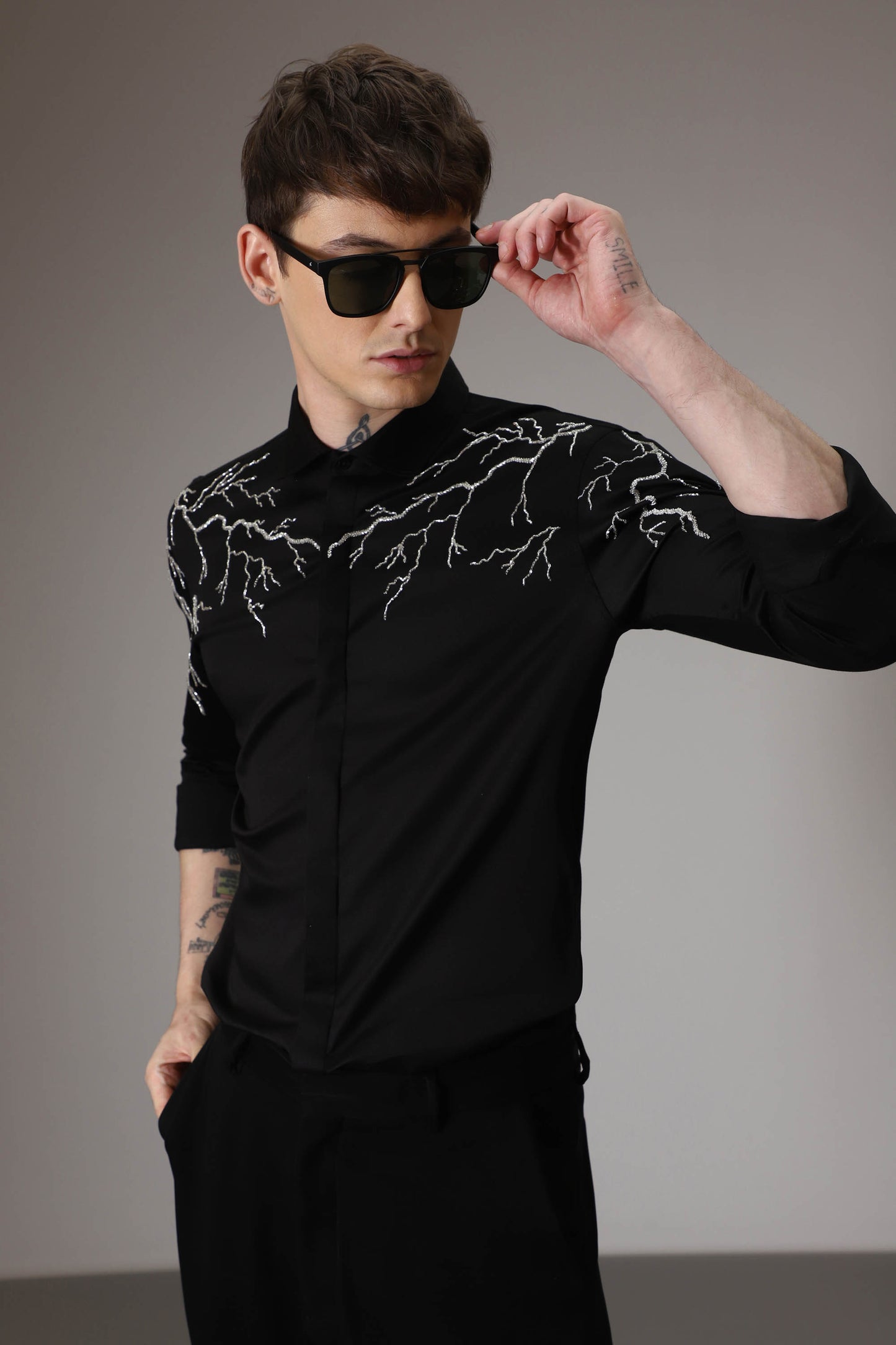 Lightening  hand embroidered designer shirt - Black