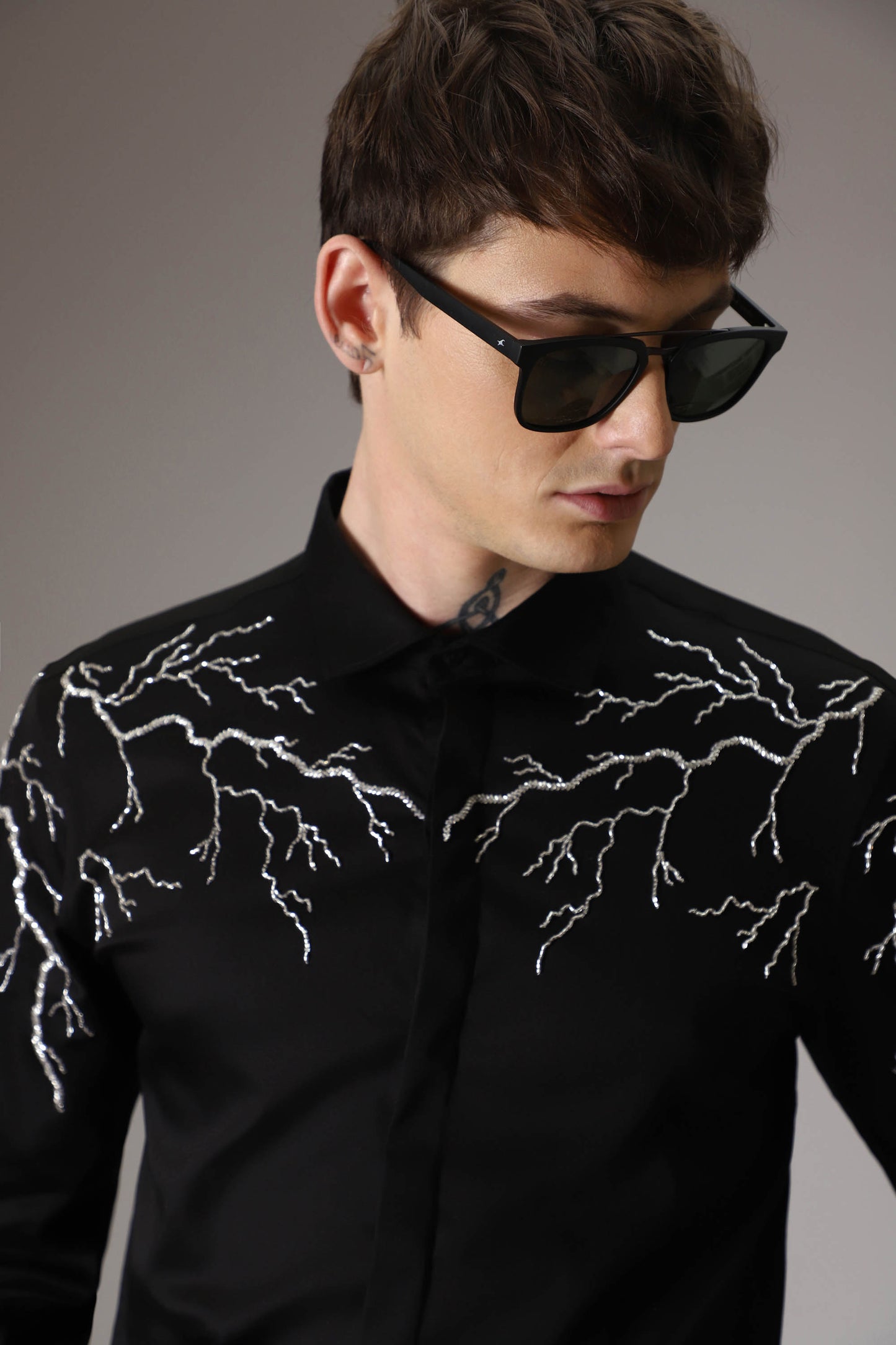 Lightening  hand embroidered designer shirt - Black