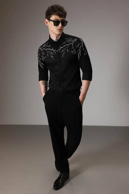 Lightening  hand embroidered designer shirt - Black