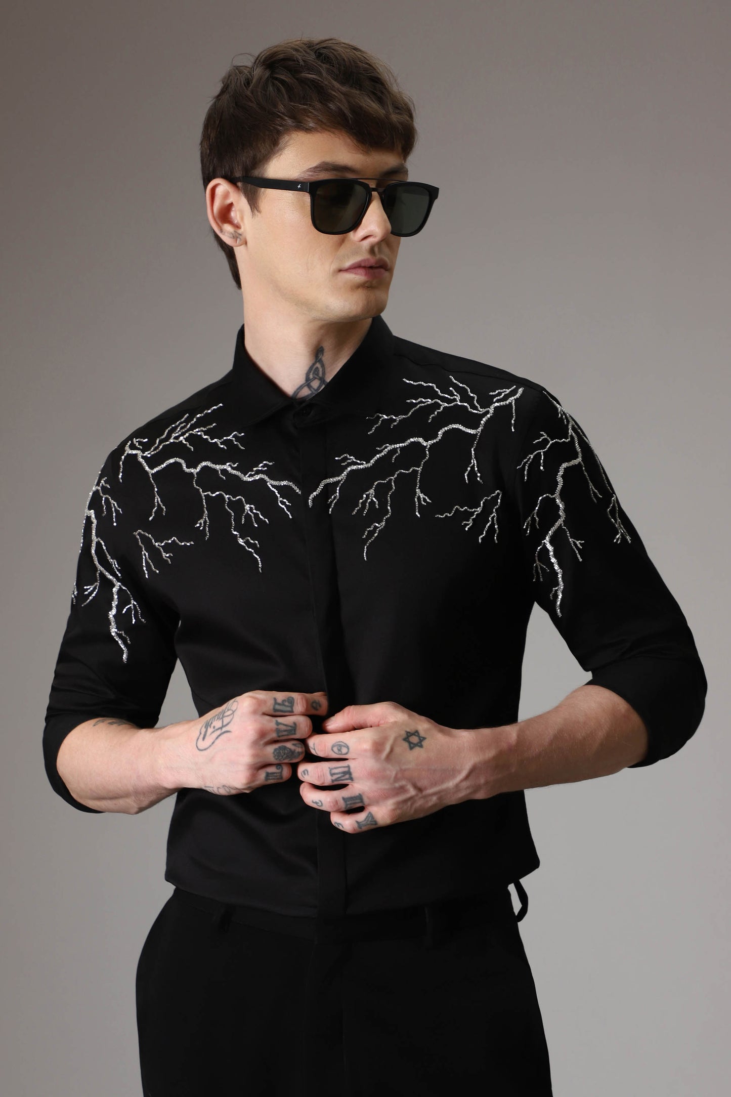 Lightening  hand embroidered designer shirt - Black