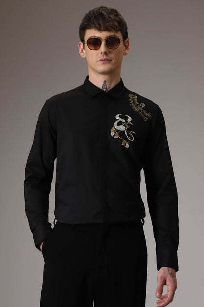 NANDI bull-mahamrityunjay mantra hand embroidered designer shirt black