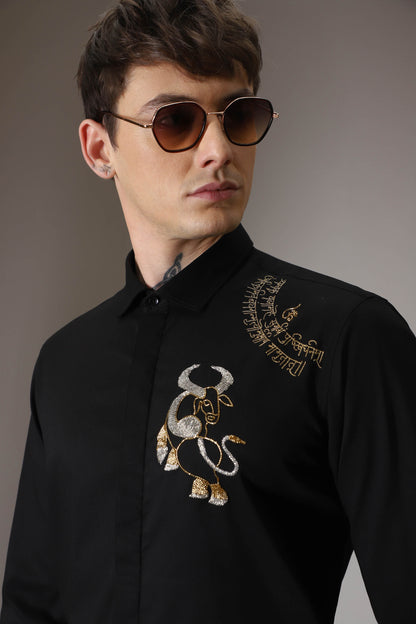 NANDI bull-mahamrityunjay mantra hand embroidered designer shirt black