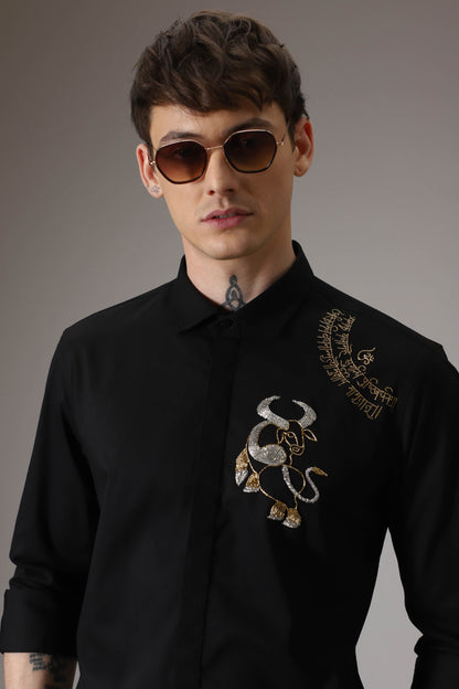 NANDI bull-mahamrityunjay mantra hand embroidered designer shirt black