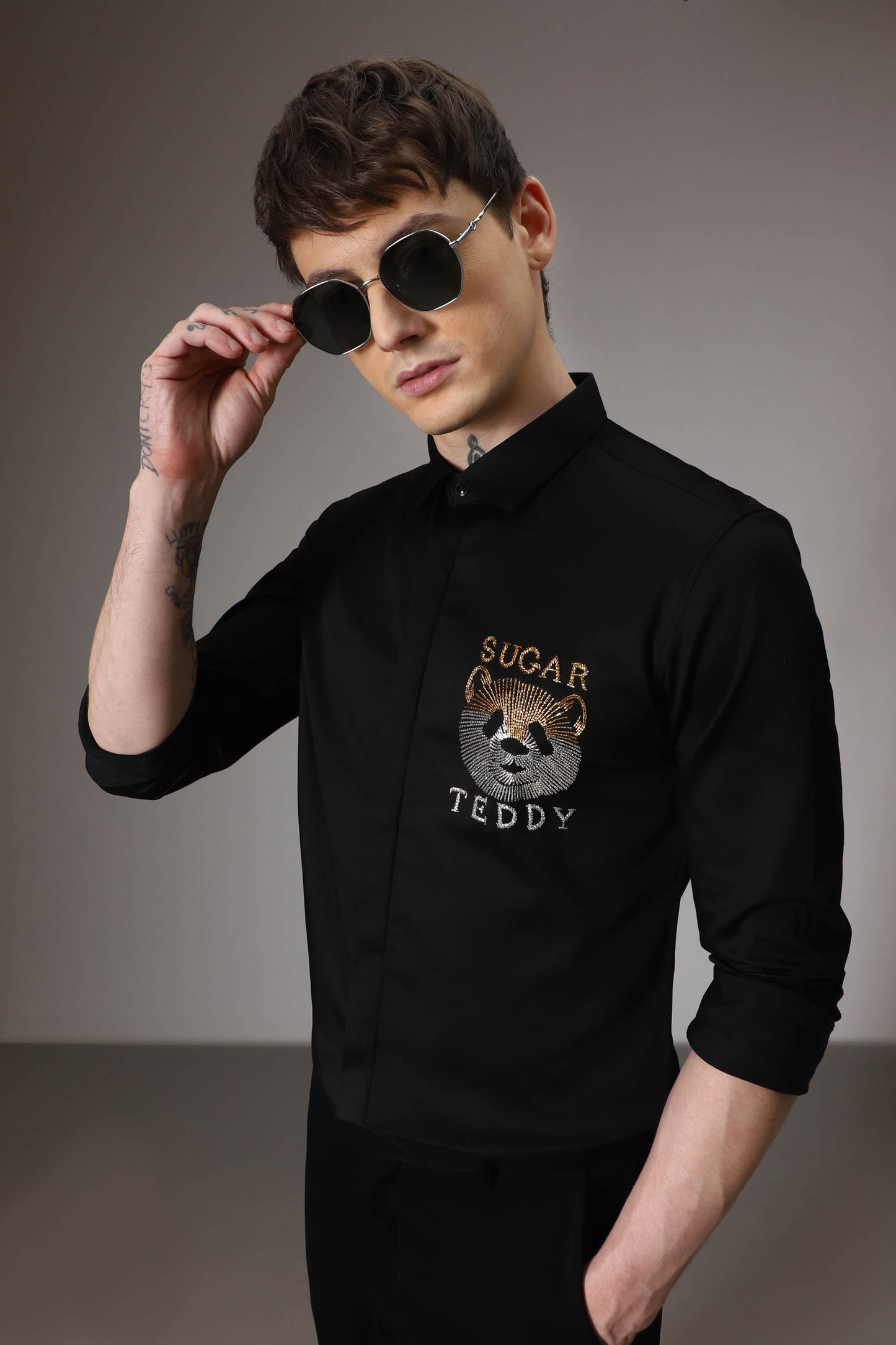 Sugar teddy hand embroidered designer shirt - Black