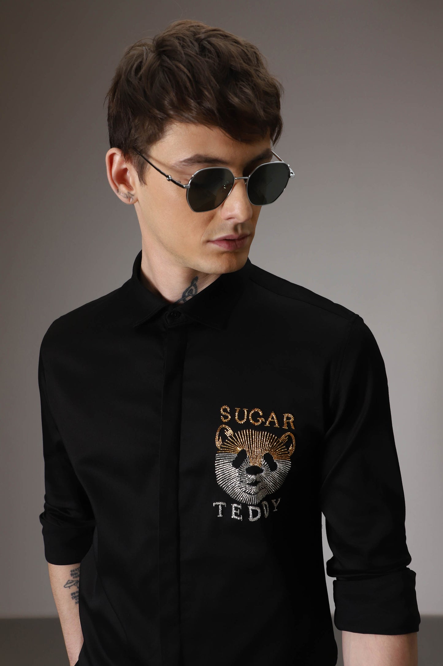 Sugar teddy hand embroidered designer shirt - Black