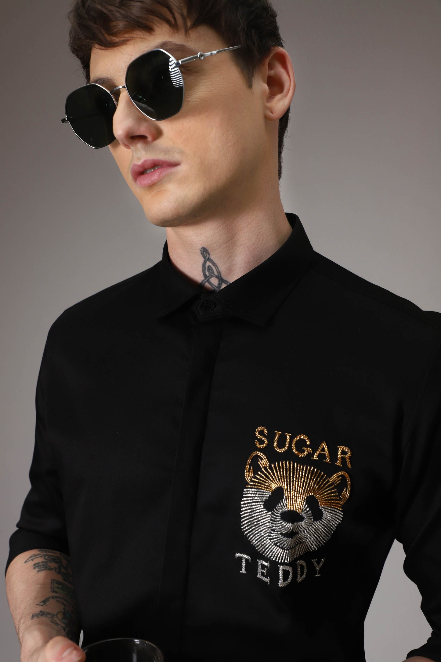 Sugar teddy hand embroidered designer shirt - Black