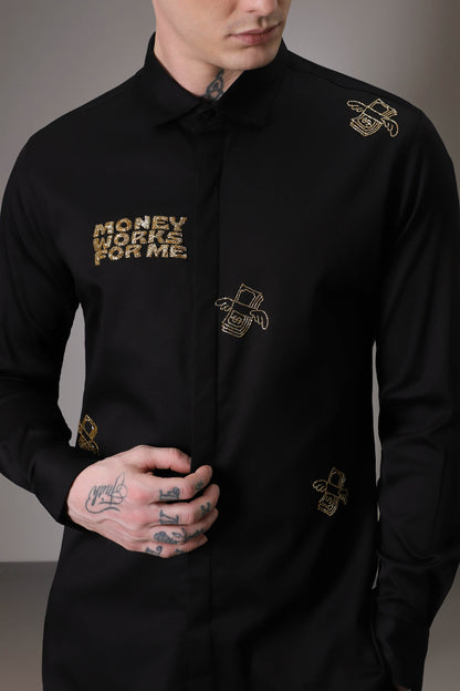 Money Work For Me hand embroidered designer shirt - Black