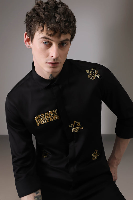 Money Work For Me hand embroidered designer shirt - Black