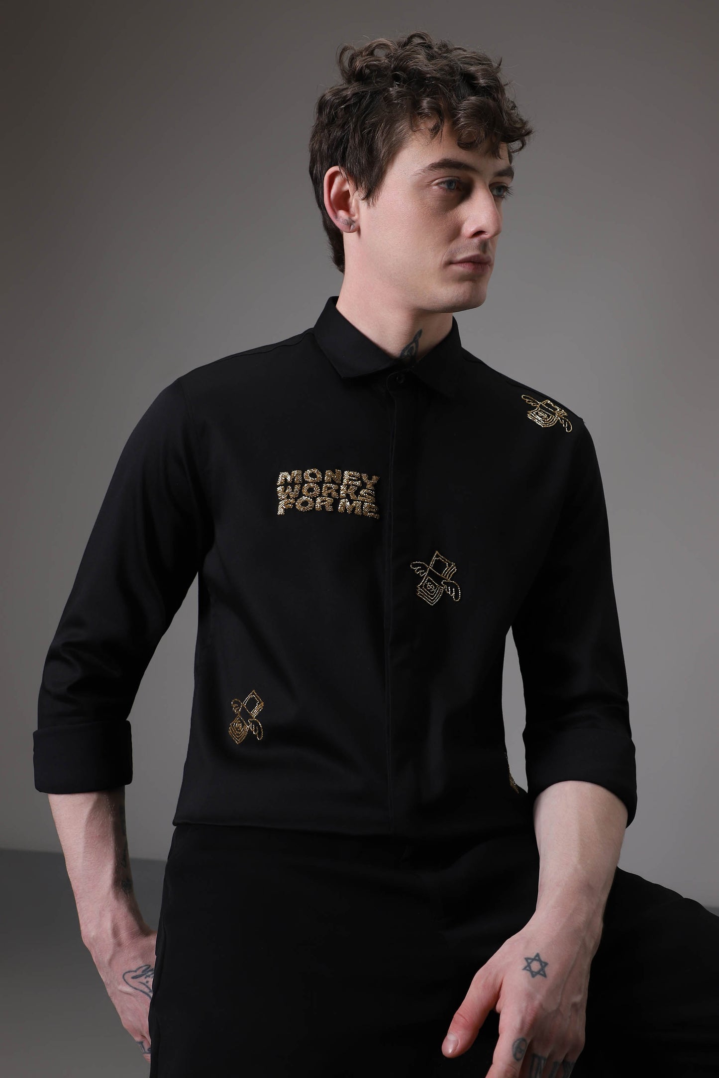 Money Work For Me hand embroidered designer shirt - Black