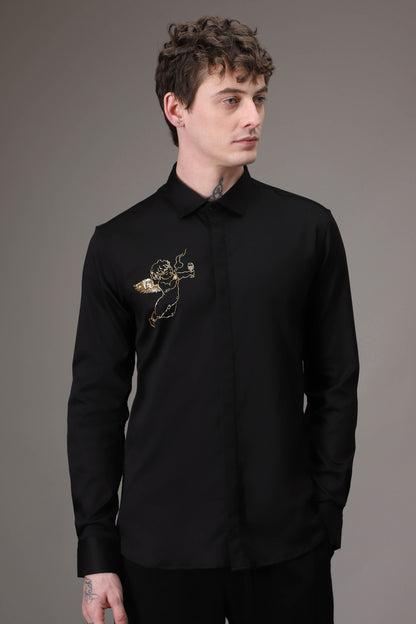 Cuupid Black hand embroidered designer shirt - Black