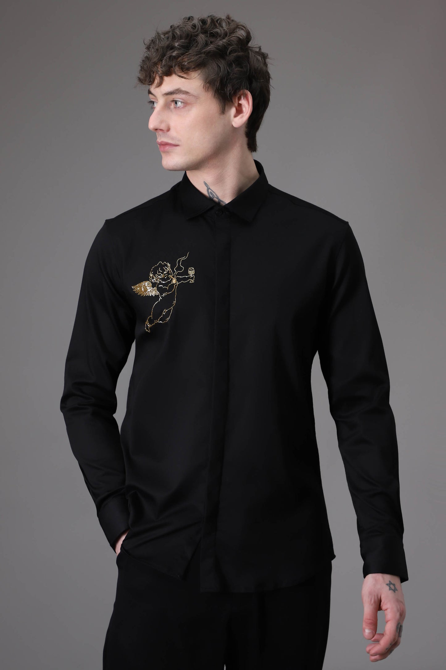 Cuupid Black hand embroidered designer shirt - Black