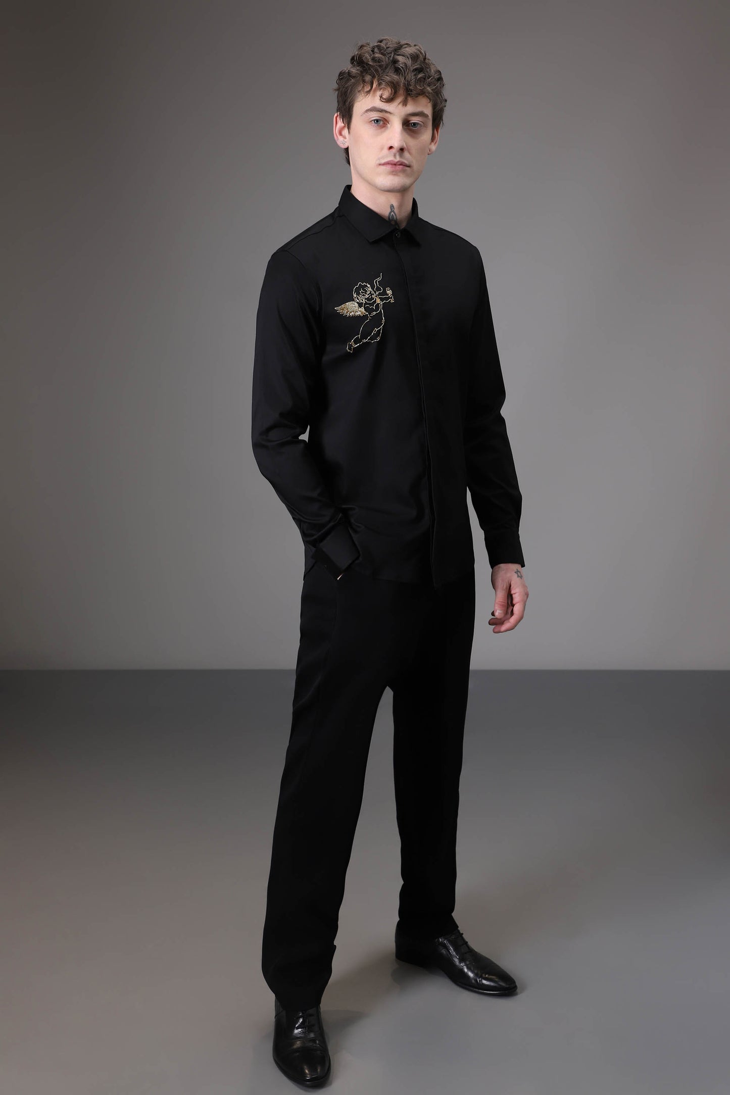 Cuupid Black hand embroidered designer shirt - Black