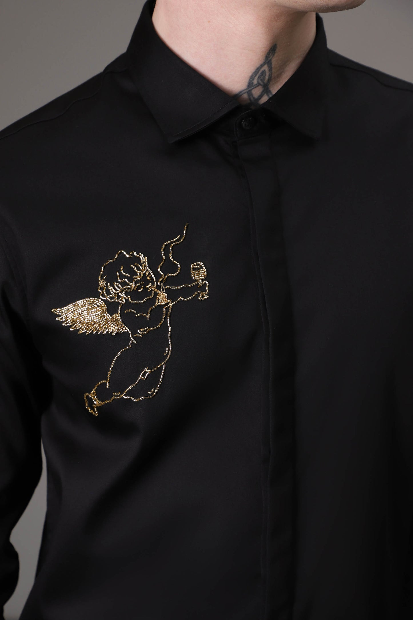 Cuupid Black hand embroidered designer shirt - Black