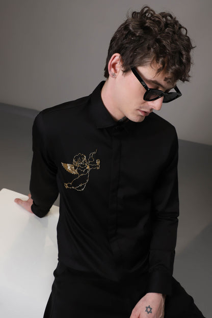 Cuupid Black hand embroidered designer shirt - Black