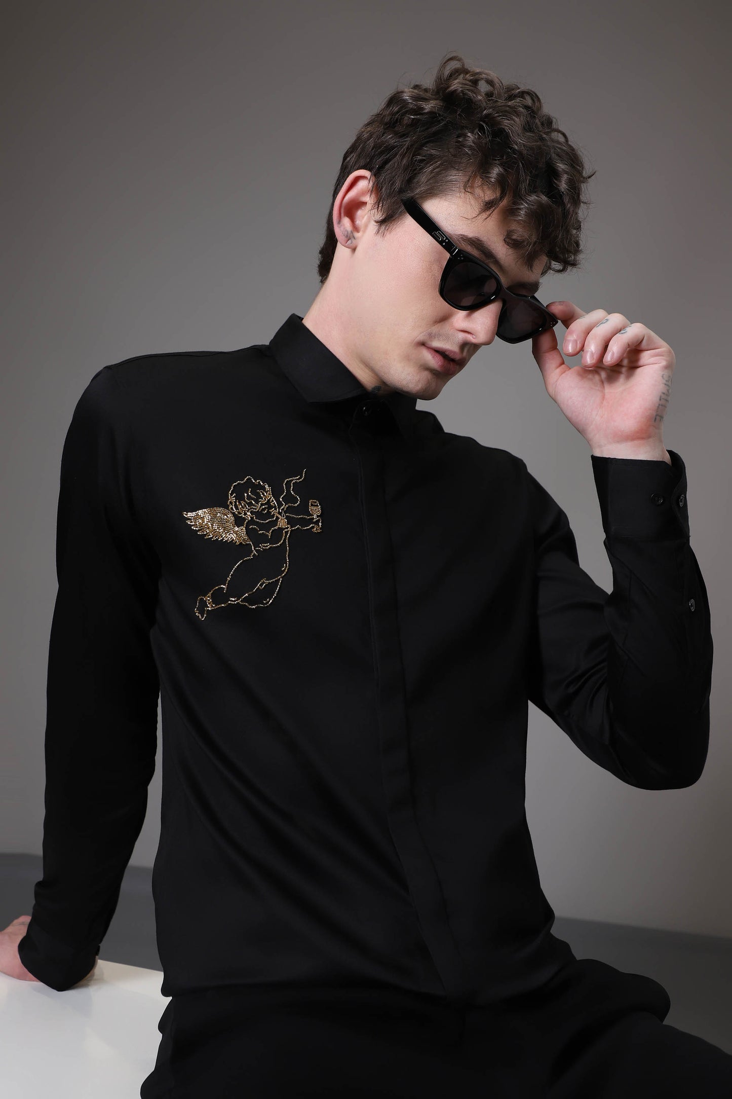 Cuupid Black hand embroidered designer shirt - Black