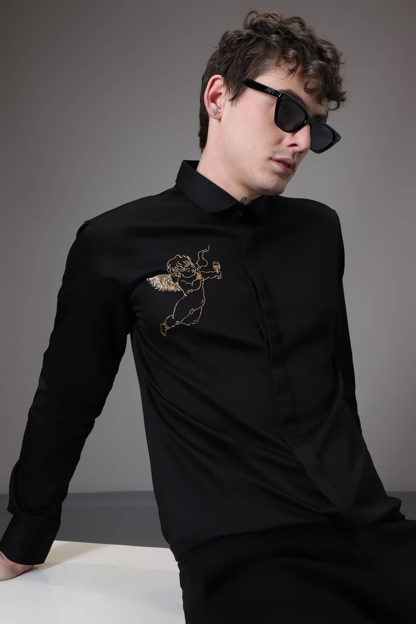 Cuupid Black hand embroidered designer shirt - Black