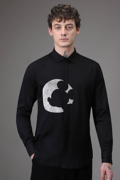 Moon Mickey  hand embroidered designer shirt - Black