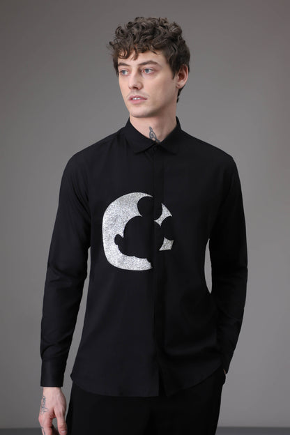 Moon Mickey  hand embroidered designer shirt - Black