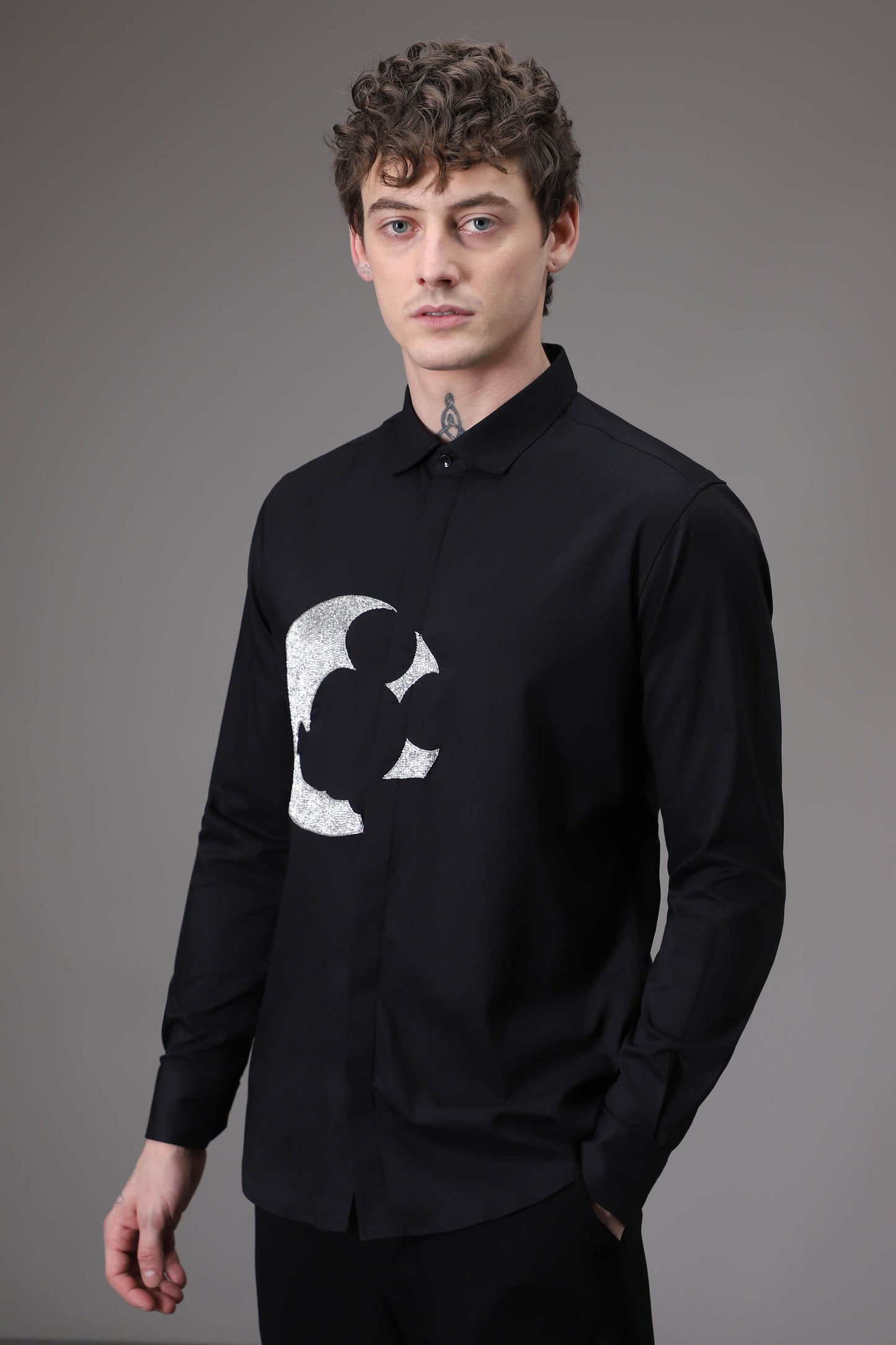 Moon Mickey  hand embroidered designer shirt - Black