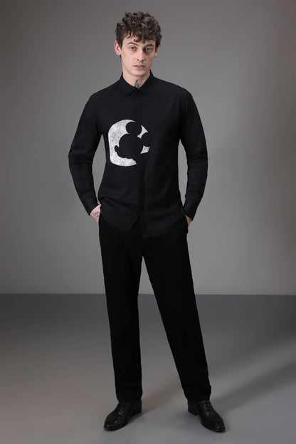 Moon Mickey  hand embroidered designer shirt - Black