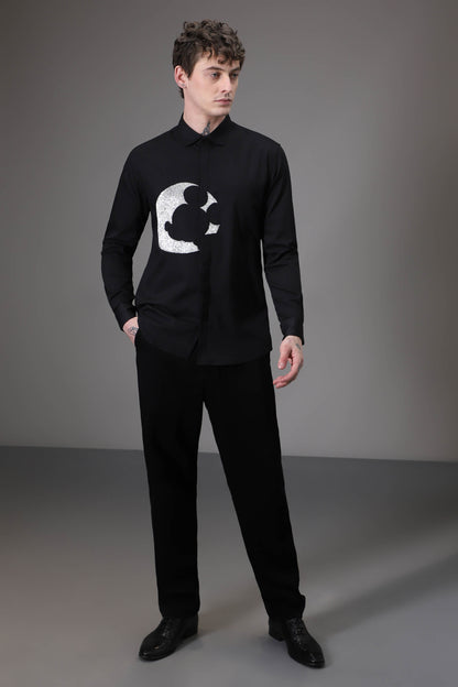 Moon Mickey  hand embroidered designer shirt - Black