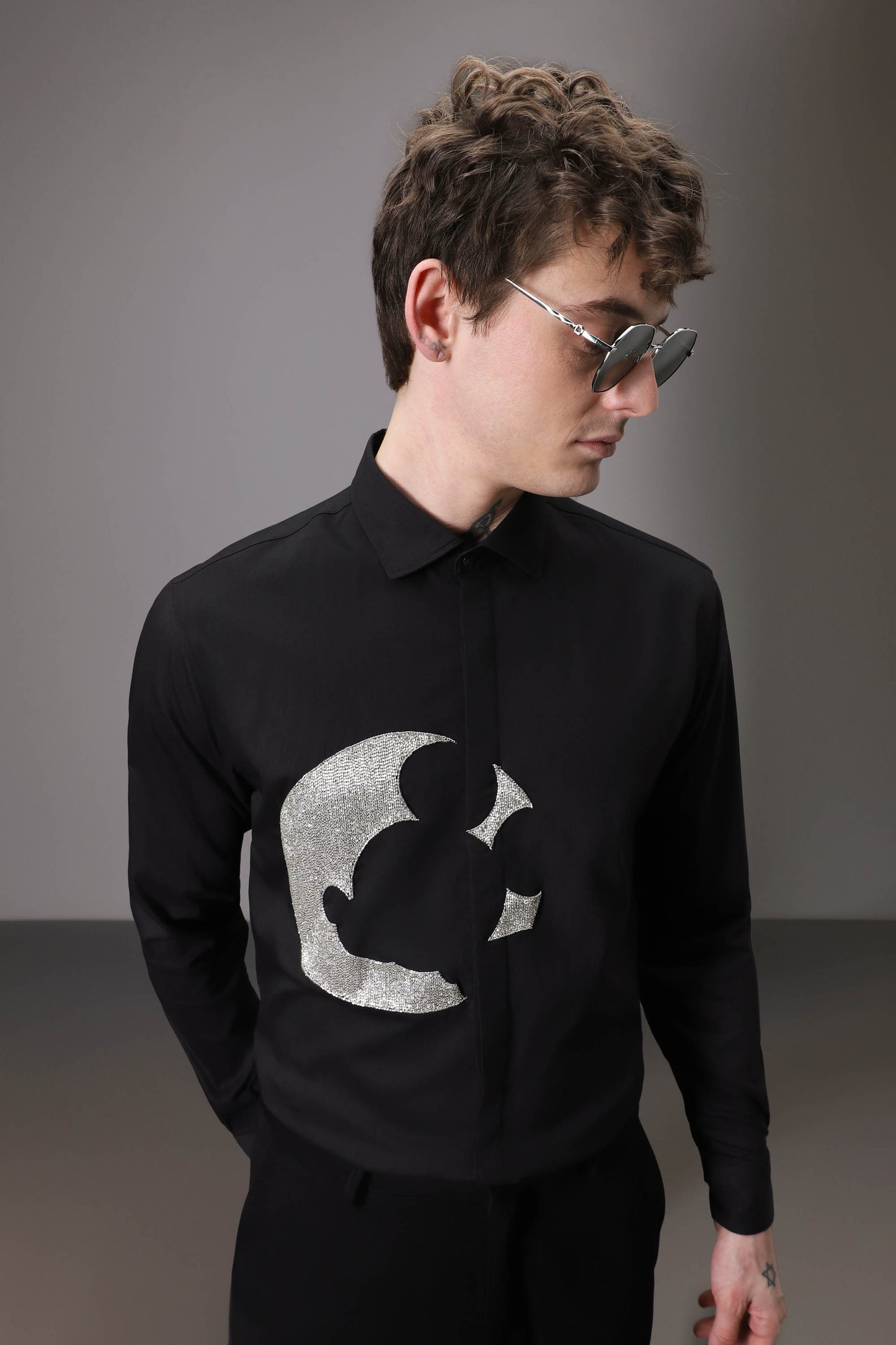 Moon Mickey  hand embroidered designer shirt - Black