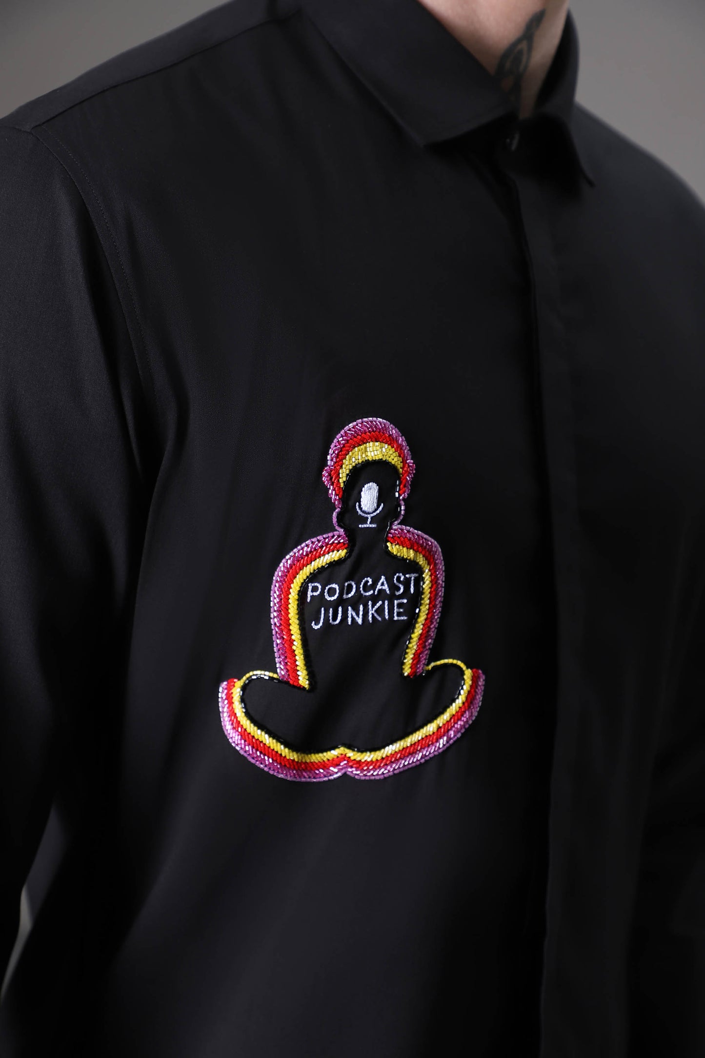 Podcast Junkie  hand embroidered designer shirt - Black