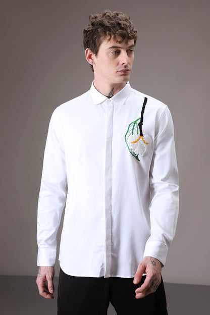 White Flower With Leaf hand embroidered designer shirt - white