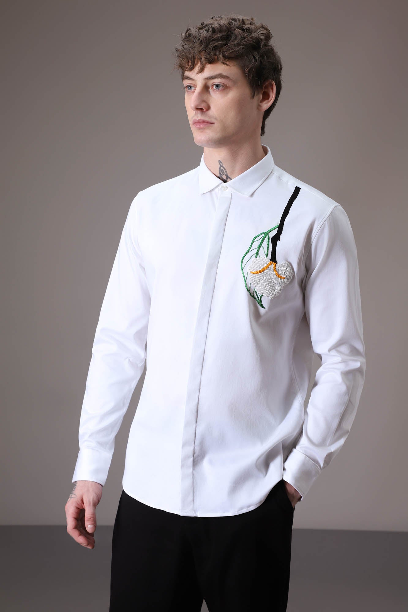 White Flower With Leaf hand embroidered designer shirt - white