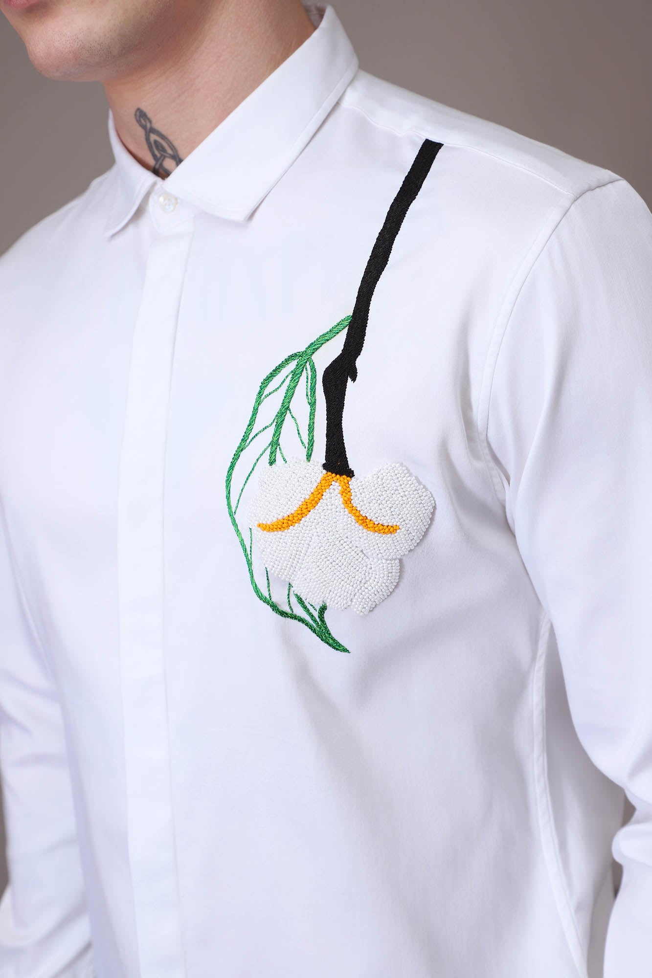 White Flower With Leaf hand embroidered designer shirt - white