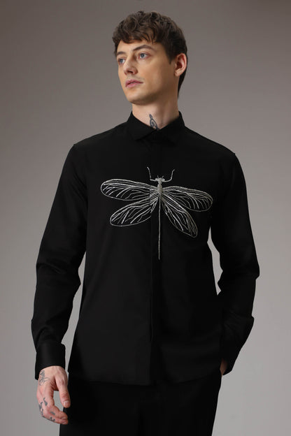 The dragonfly hand embroidered designer shirt - Black