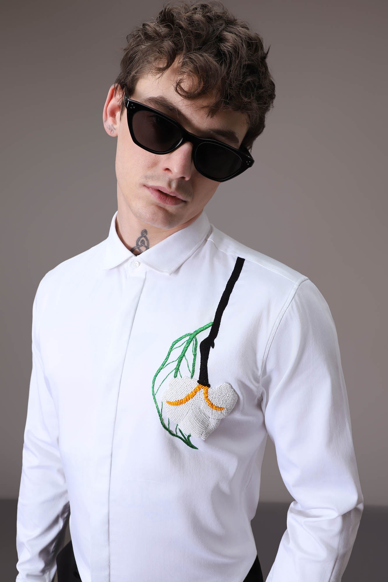 White Flower With Leaf hand embroidered designer shirt - white