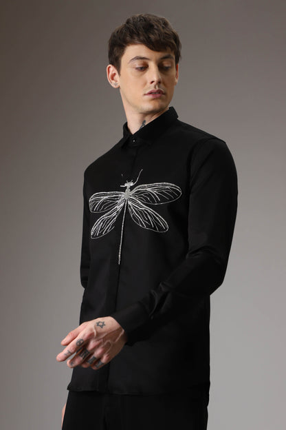 The dragonfly hand embroidered designer shirt - Black