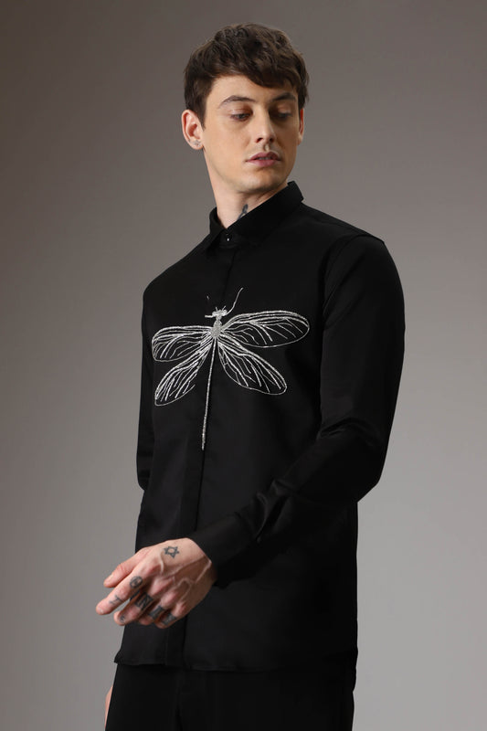 The dragonfly hand embroidered designer shirt - Black