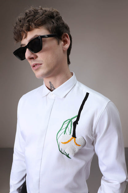 White Flower With Leaf hand embroidered designer shirt - white