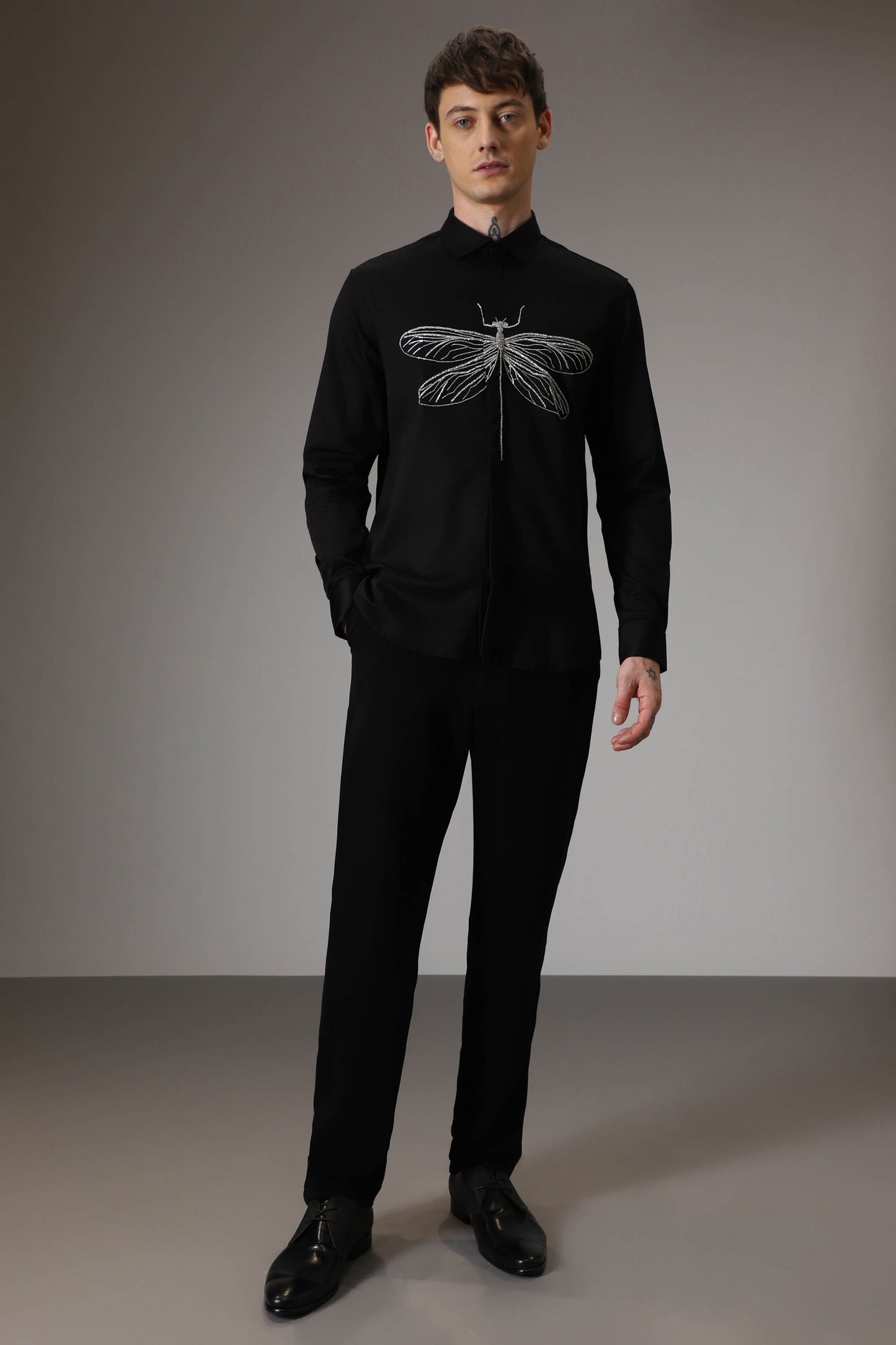 The dragonfly hand embroidered designer shirt - Black