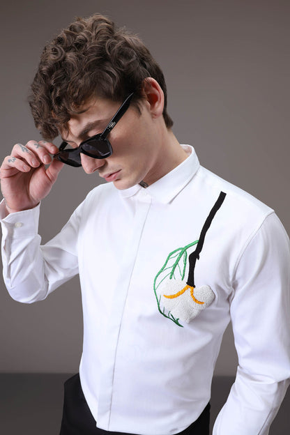 White Flower With Leaf hand embroidered designer shirt - white