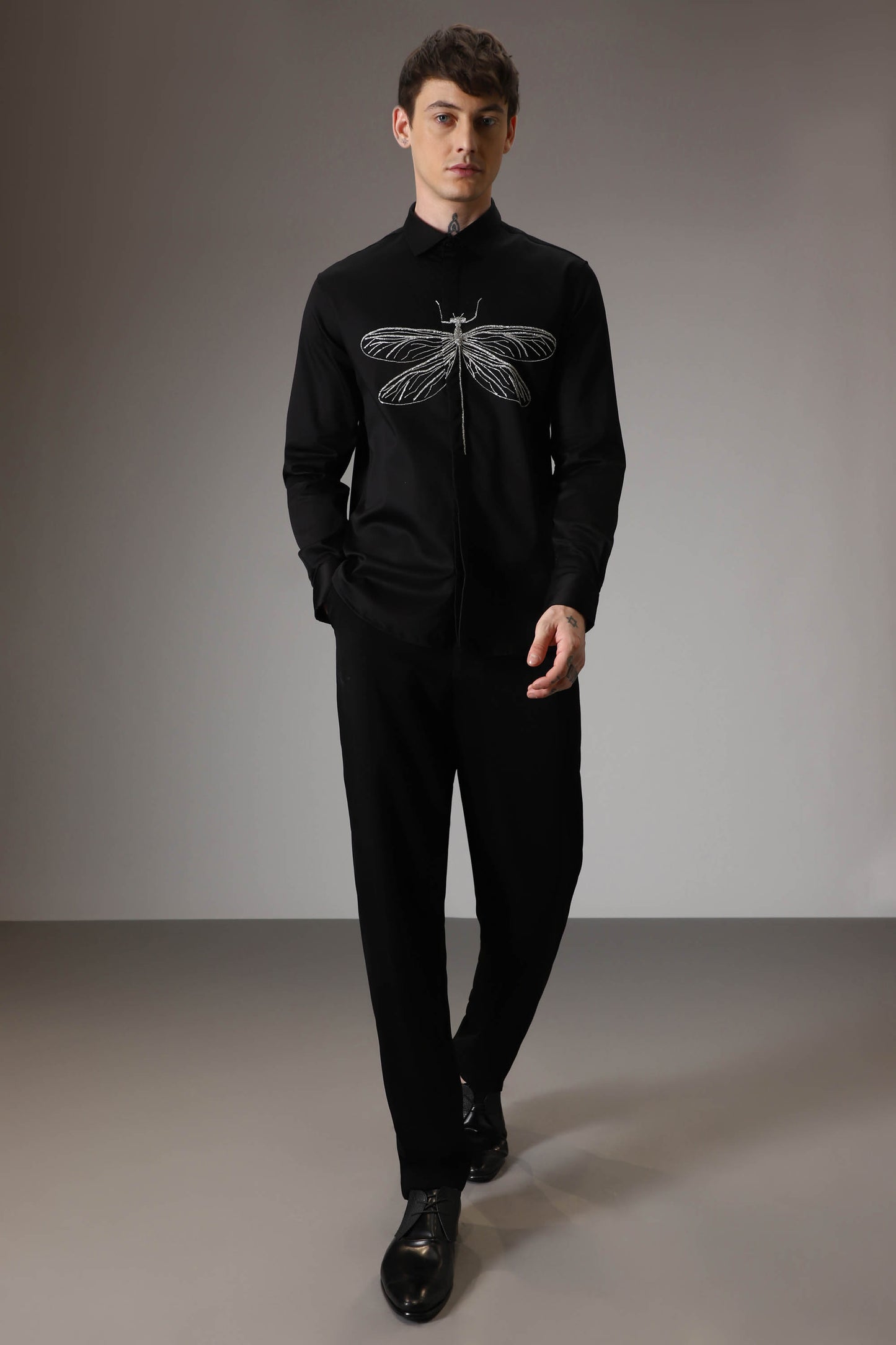 The dragonfly hand embroidered designer shirt - Black