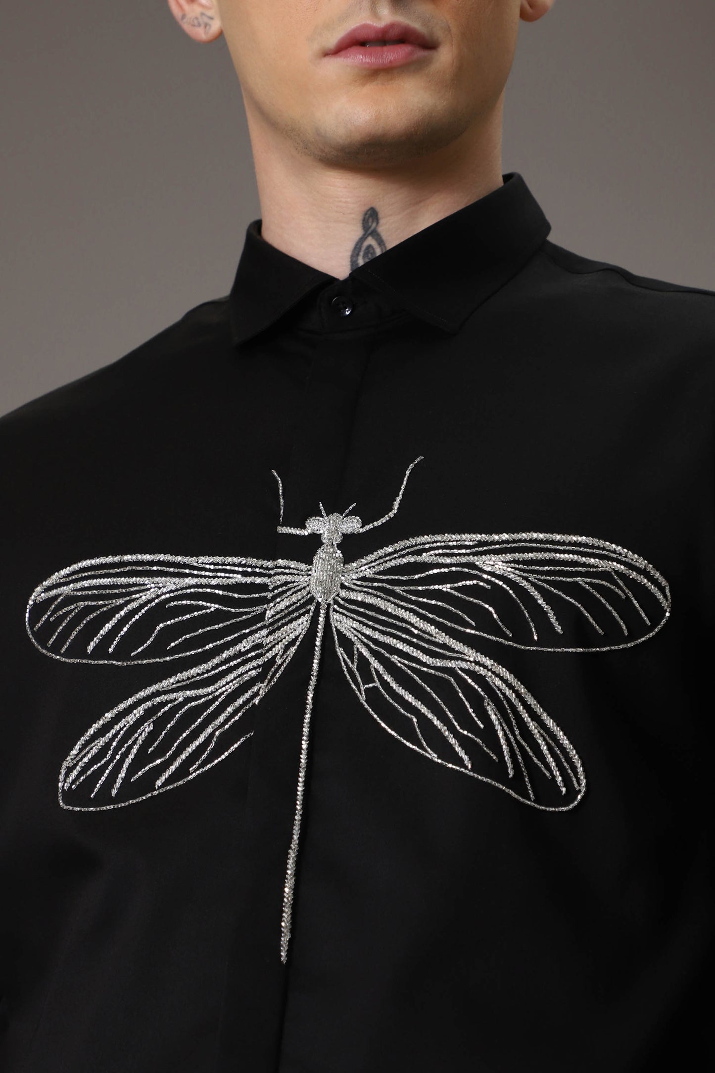 The dragonfly hand embroidered designer shirt - Black