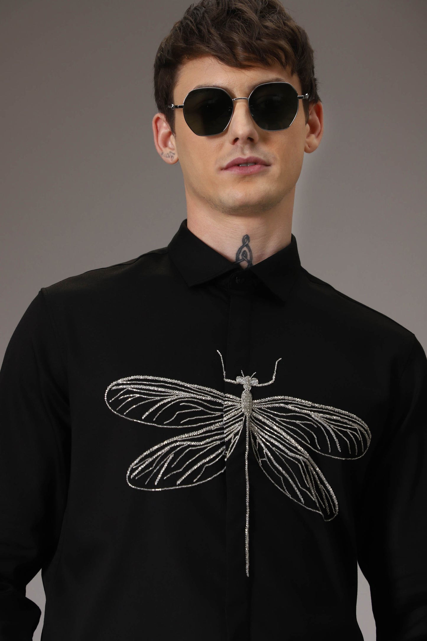 The dragonfly hand embroidered designer shirt - Black