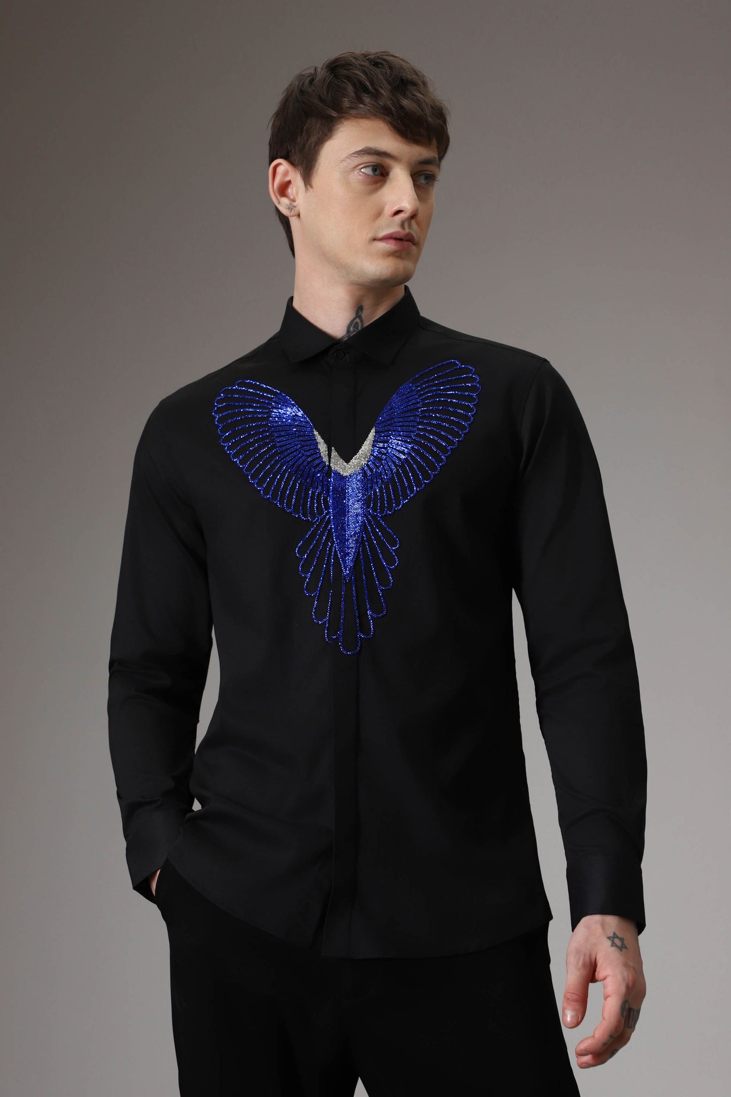 Parrot hand embroidered designer shirt- Black