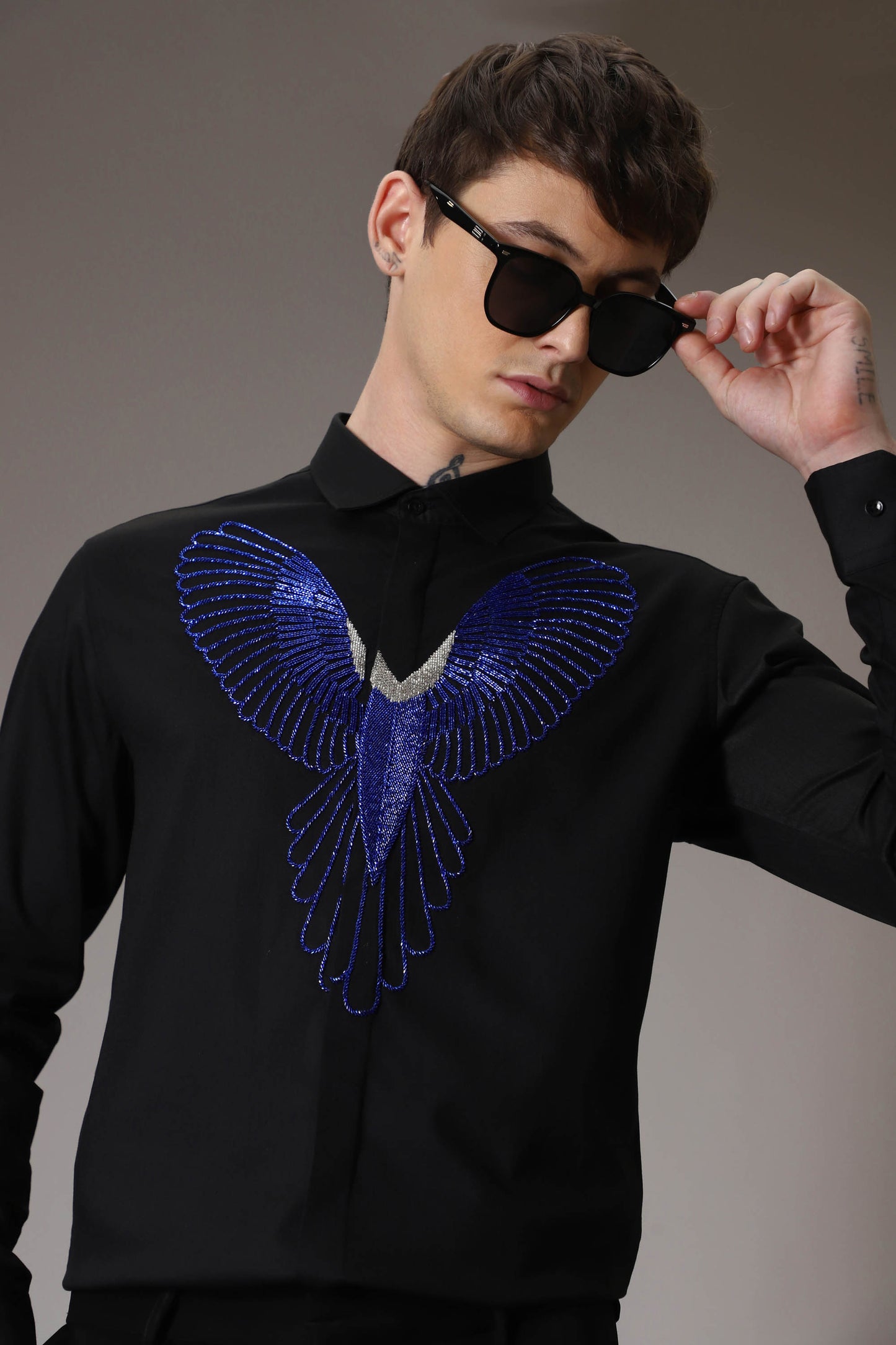 Parrot hand embroidered designer shirt- Black