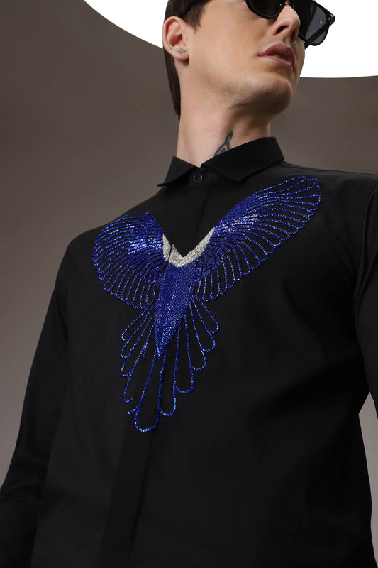 Parrot hand embroidered designer shirt- Black