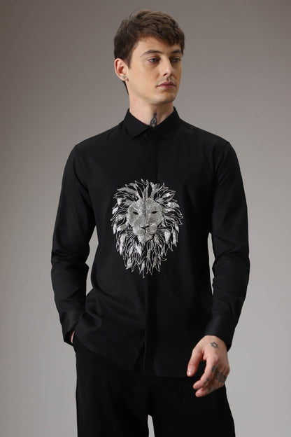 Lion hand embroidered designer shirt - black