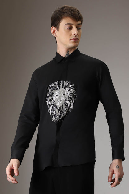 Lion hand embroidered designer shirt - black