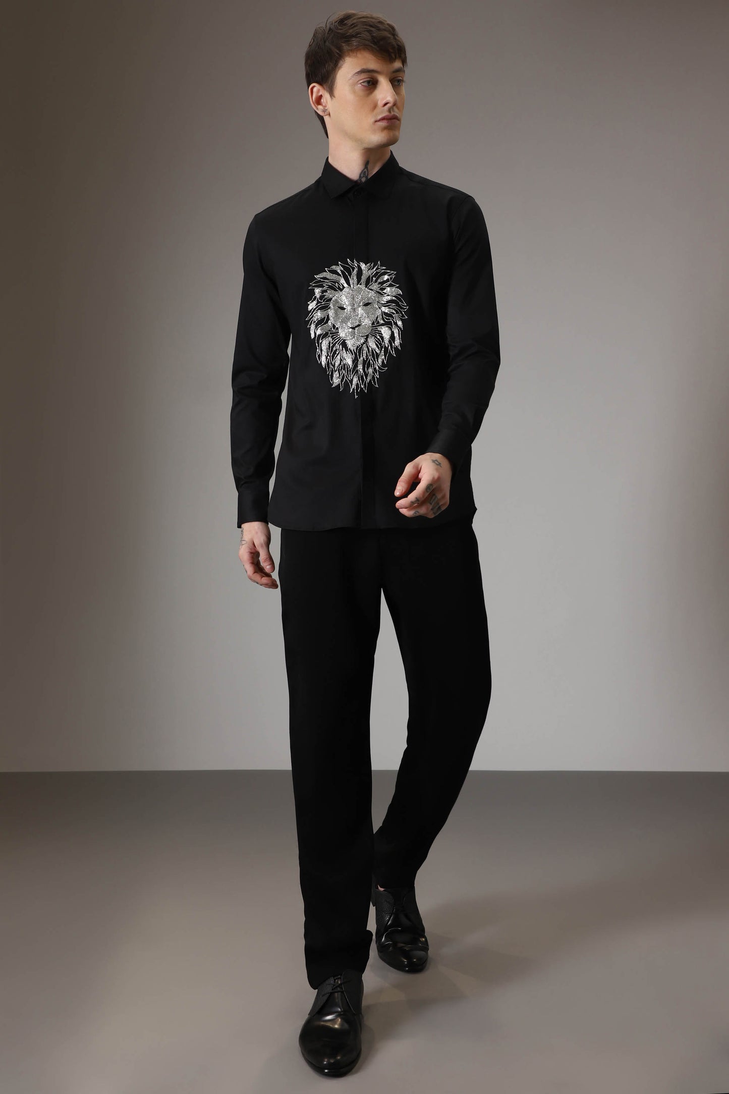 Lion hand embroidered designer shirt - black