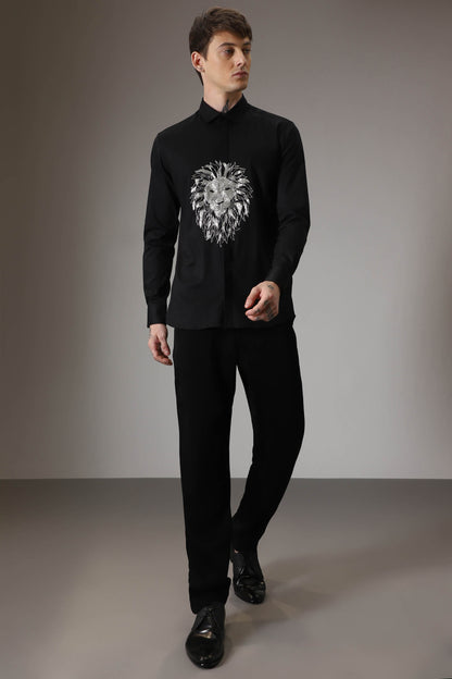 Lion hand embroidered designer shirt - black