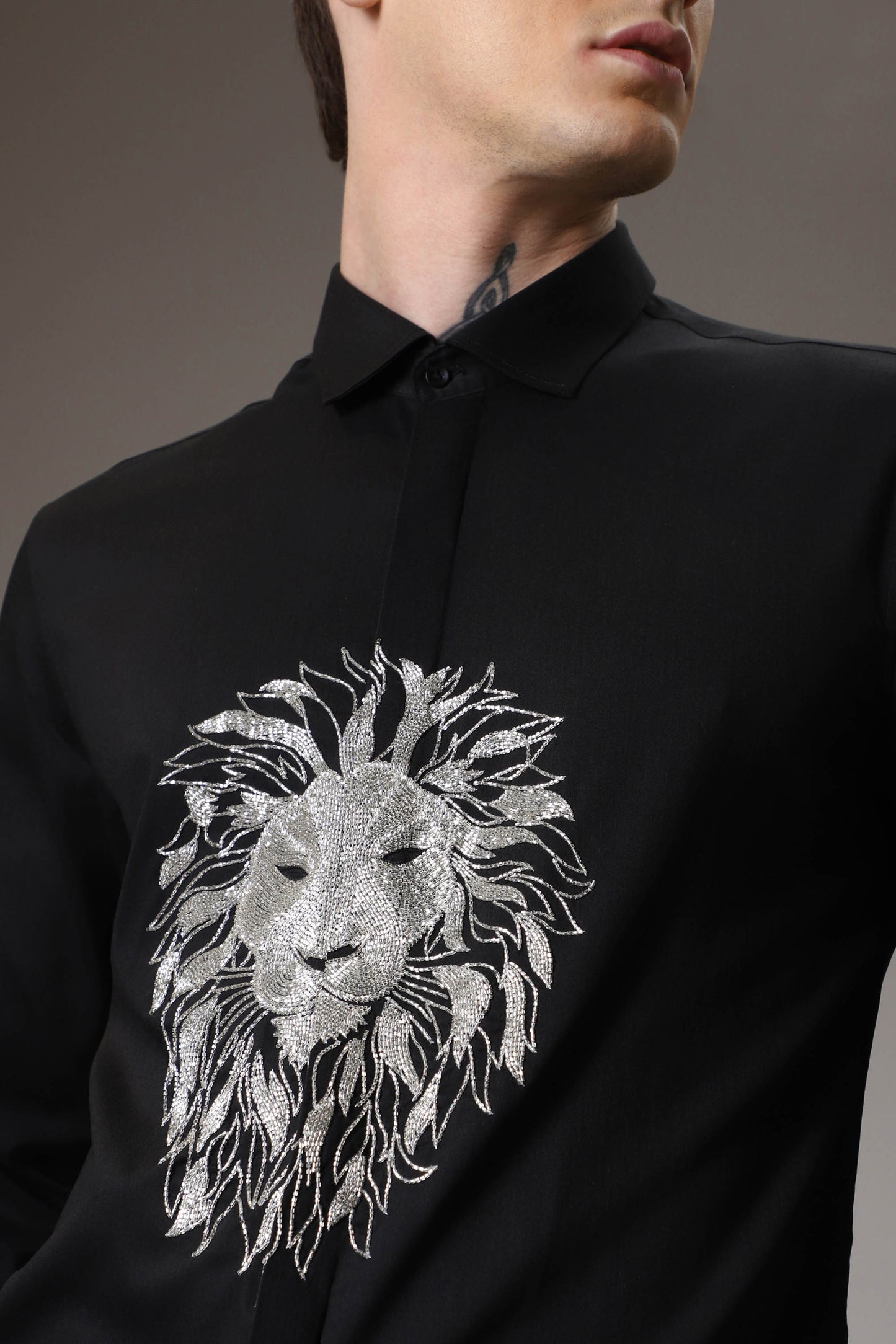 Lion hand embroidered designer shirt - black